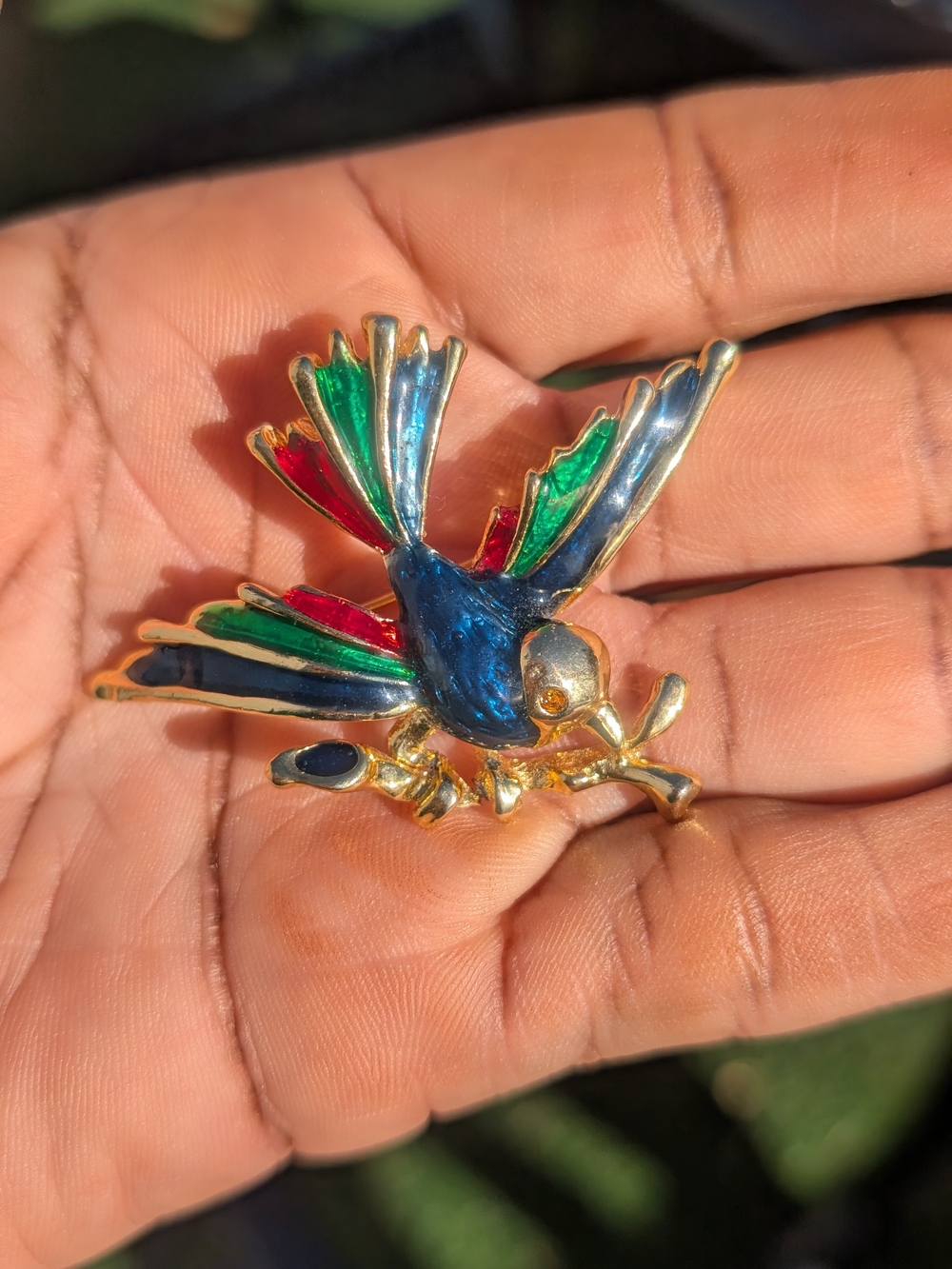 Gold-Tone Multicolor Enamel Bird Brooch - Blue, Green & Red